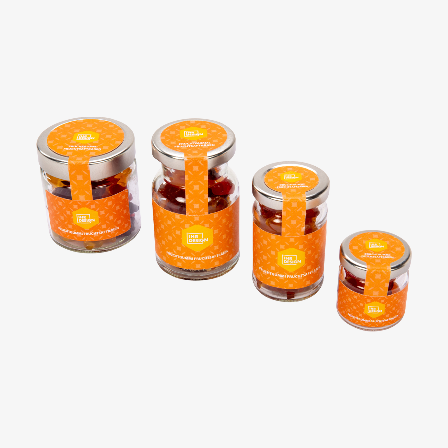 Fruchtgummi Fruchtsaftbären im 120 g Glas, einseitig farbig (bedruckbar)