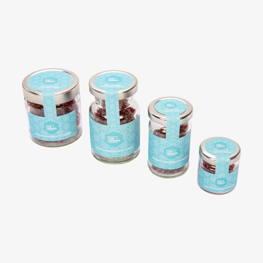 Fruchtgummi Fruchtsaftbeeren im 120 g Glas, einseitig farbig (bedruckbar)