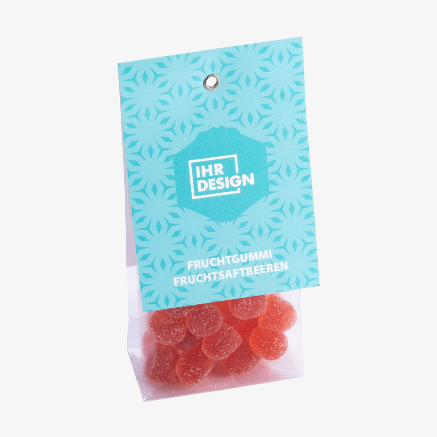 Fruchtgummi Fruchtsaftbeeren im 80 g Folienbeutel, beidseitig farbig (bedruckbar)