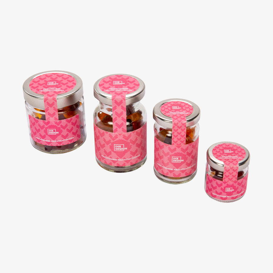Fruchtgummi Fruchtsaftherzen im 120 g Glas, einseitig farbig (bedruckbar)