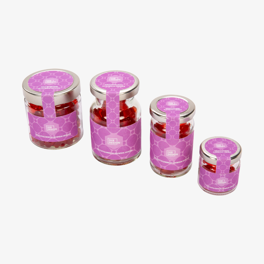 Fruchtgummi Glühwein Herzen im 120 g Glas, einseitig farbig (bedruckbar)