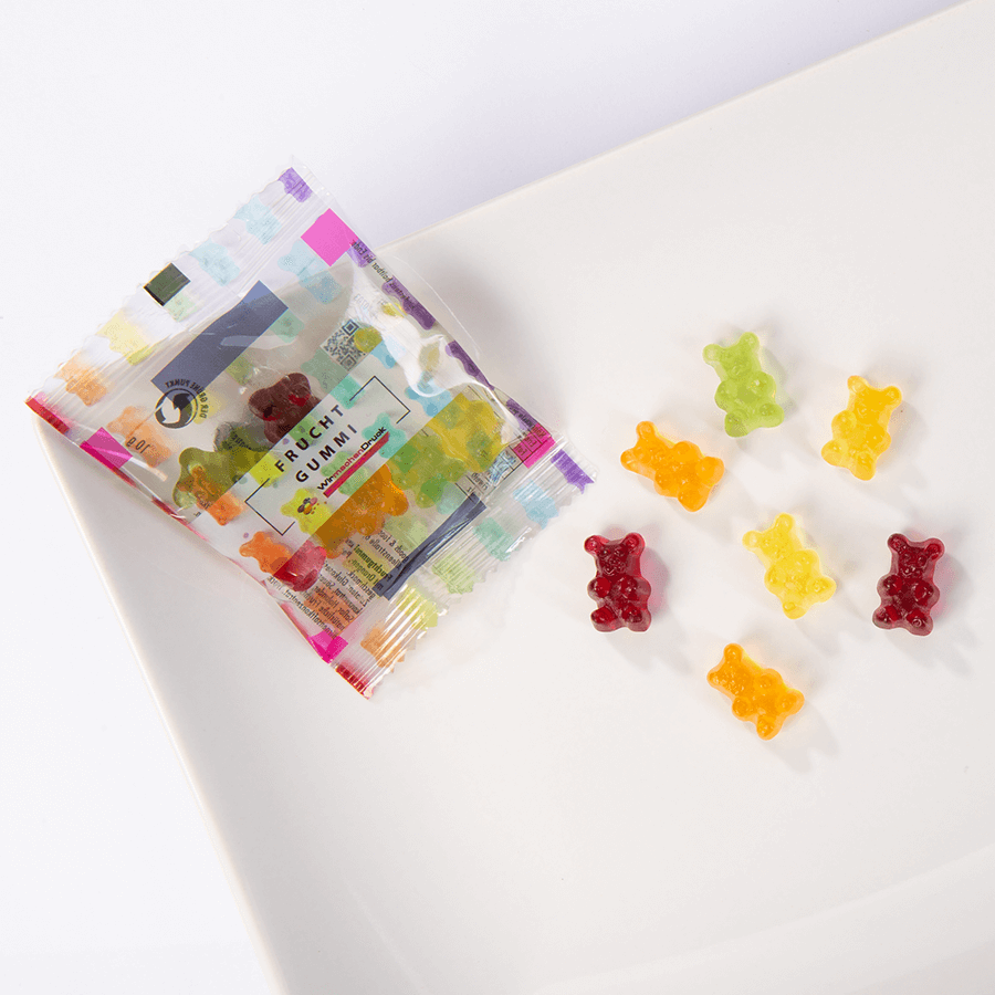 Fruchtgummi-Tütchen 10 g Form Bärchen, einseitig + Weiss (bedruckbar)