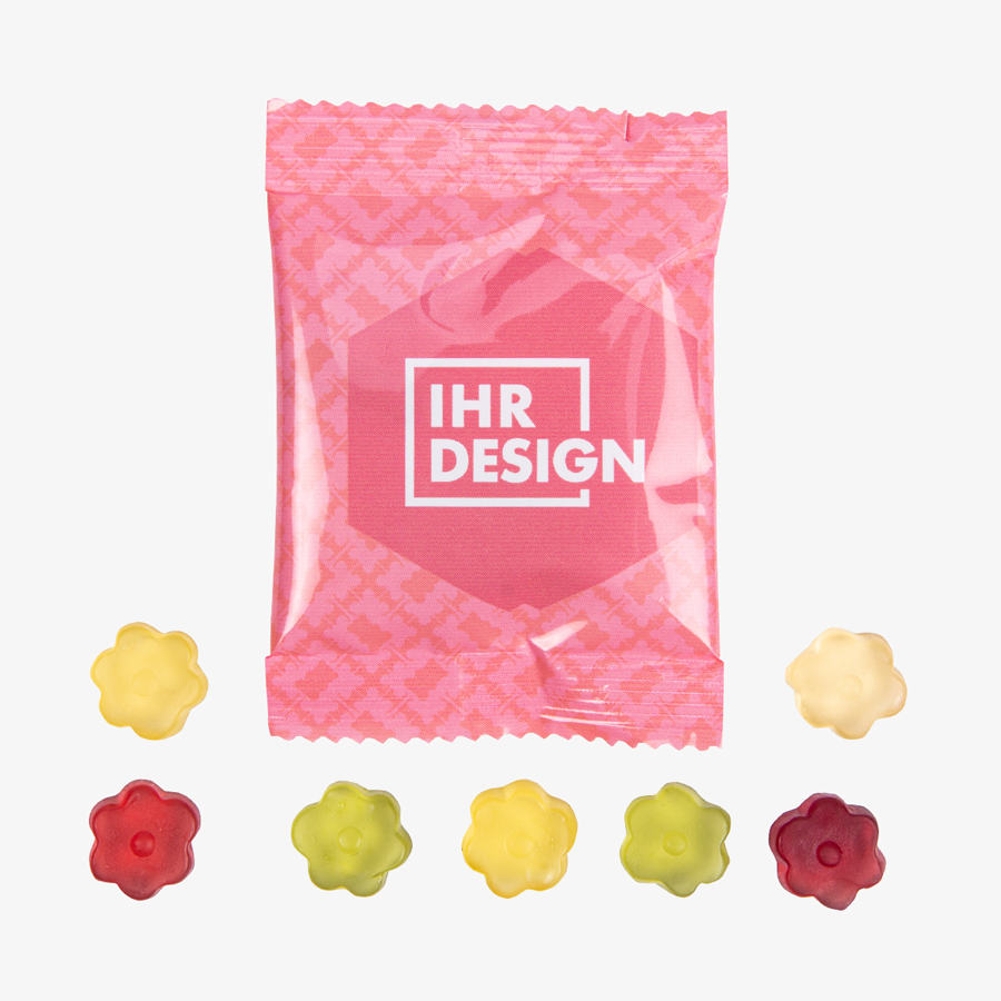 Fruchtgummi-Tütchen 10 g (Form: Blume), einseitig farbig (bedruckbar)