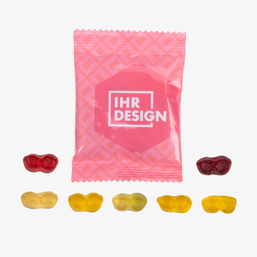 Fruchtgummi-Tütchen 10 g (Form: Brille), einseitig farbig (bedruckbar)