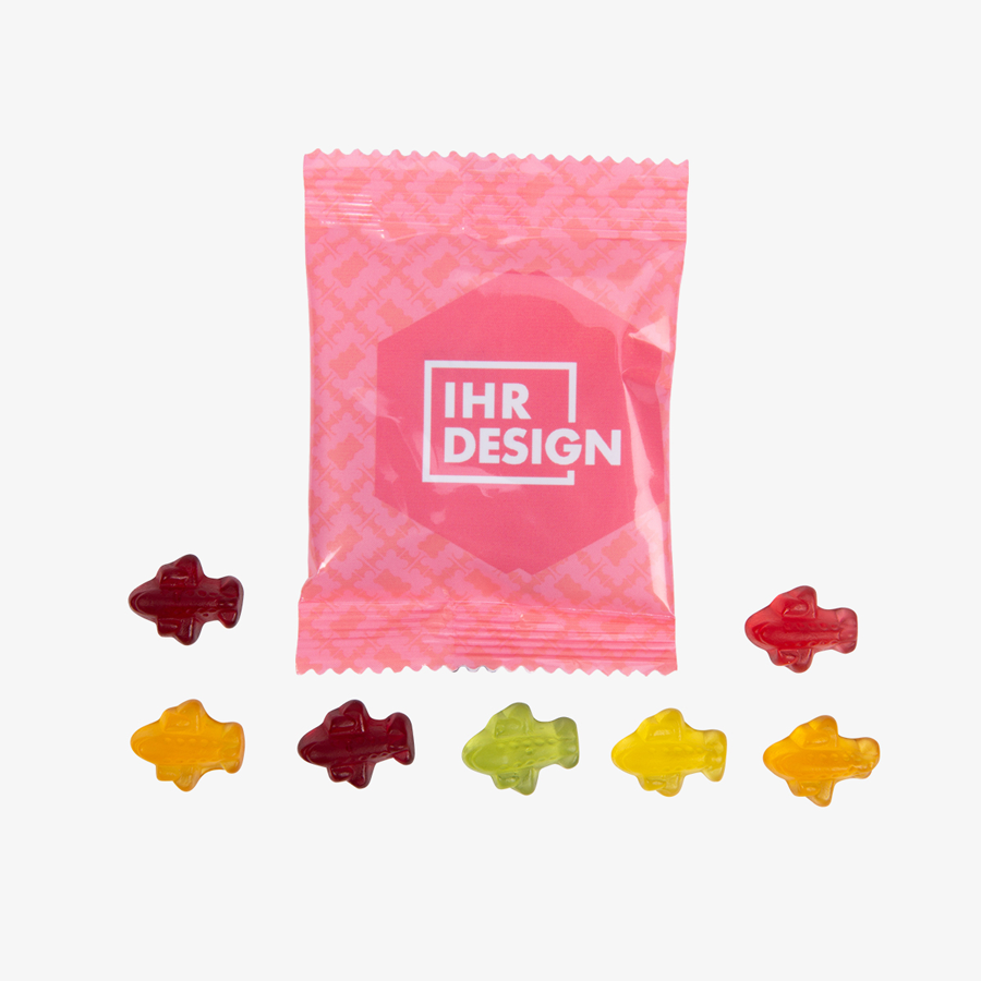 Fruchtgummi-Tütchen 10 g (Form: Flugzeuge), beidseitig farbig (bedruckbar)