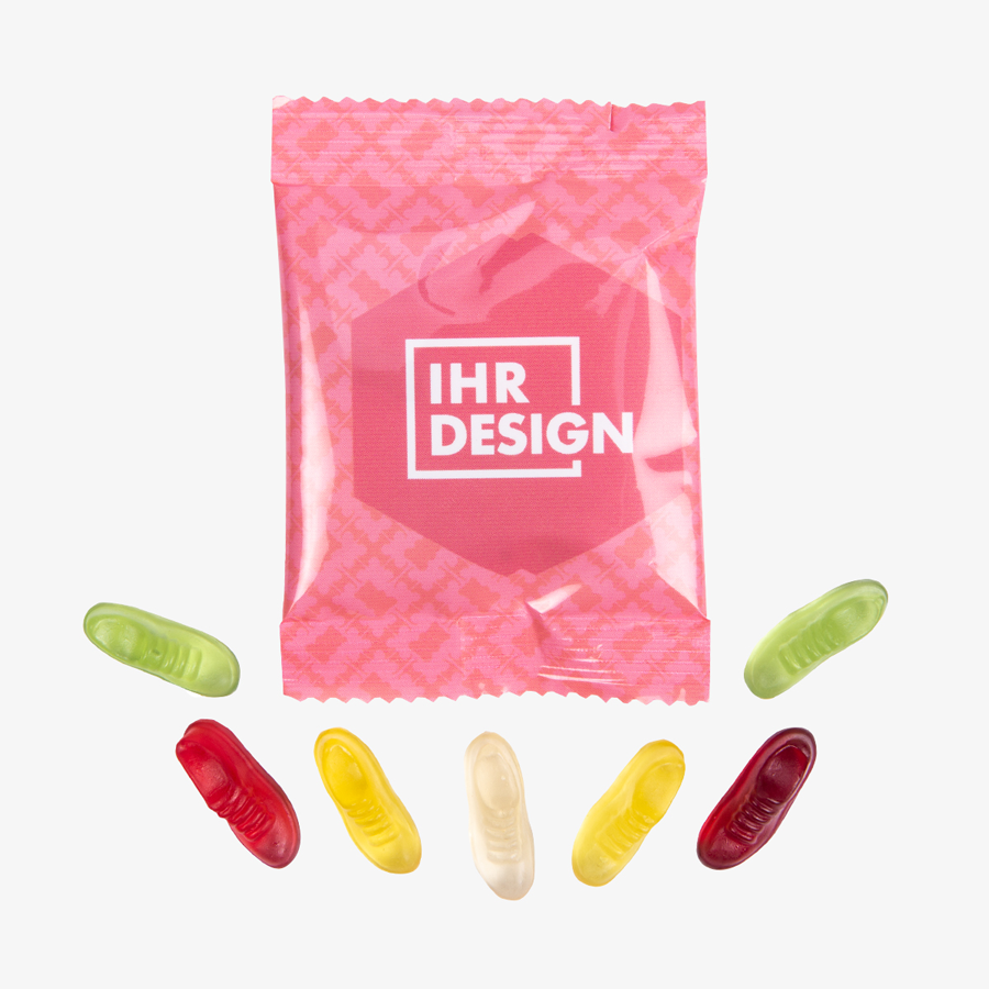 Fruchtgummi-Tütchen 10 g (Form: Joggingschuh), beidseitig farbig (bedruckbar)