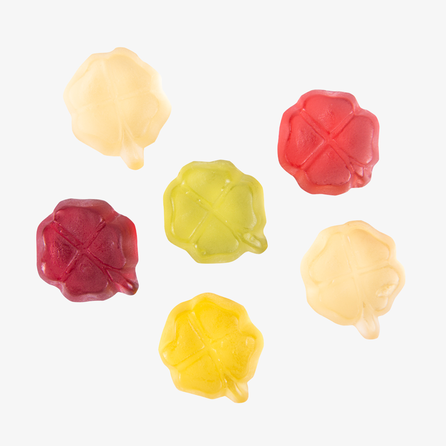 Fruchtgummi-Tütchen 10 g (Form: Kleeblatt), beidseitig farbig (bedruckbar)