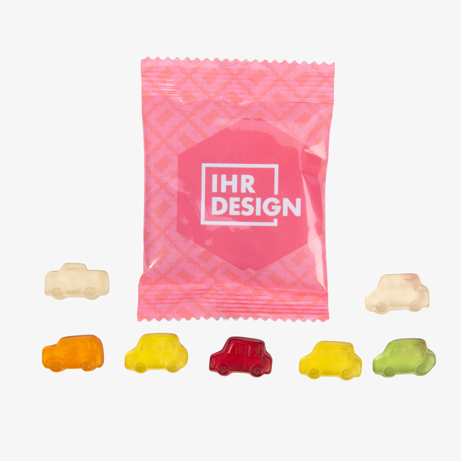 Fruchtgummi-Tütchen 10 g (Form: Nostalgie Cars), beidseitig farbig (bedruckbar)