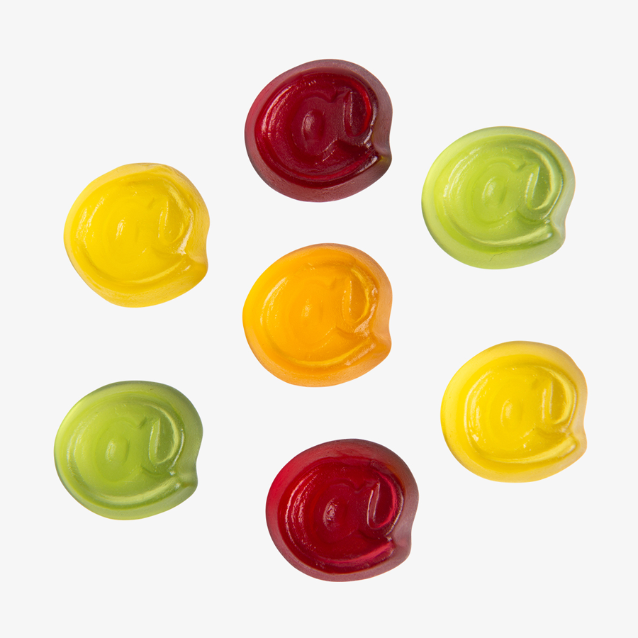 Fruchtgummi-Tütchen 10 g (Form: @-Zeichen), einseitig farbig (bedruckbar)