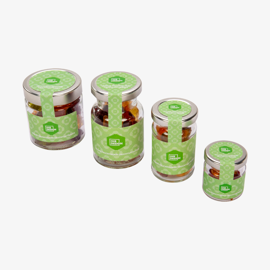 Vegane Fruchtgummi Fruchtsaftbären im 65 g Glas, einseitig farbig (bedruckbar)