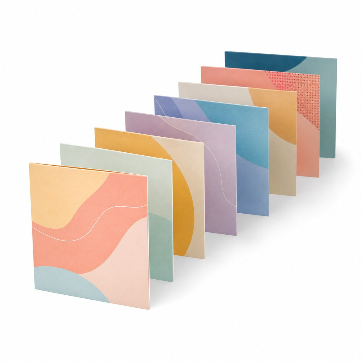 Faltblatt, gefalzt auf Quadrat 10,5 cm x 10,5 cm, horizontaler Wickelfalz, 10-seitig