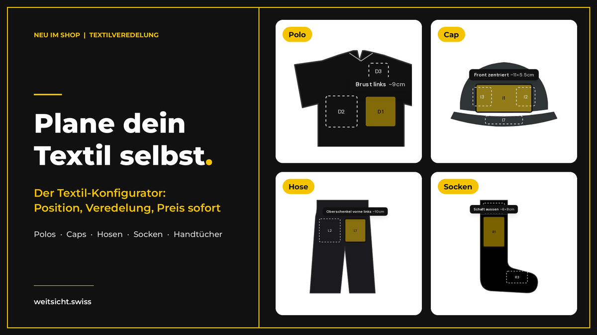 Textil-Konfigurator von weitsicht.swiss: Polo, Cap, Hose und Socken mit Druckpositionen