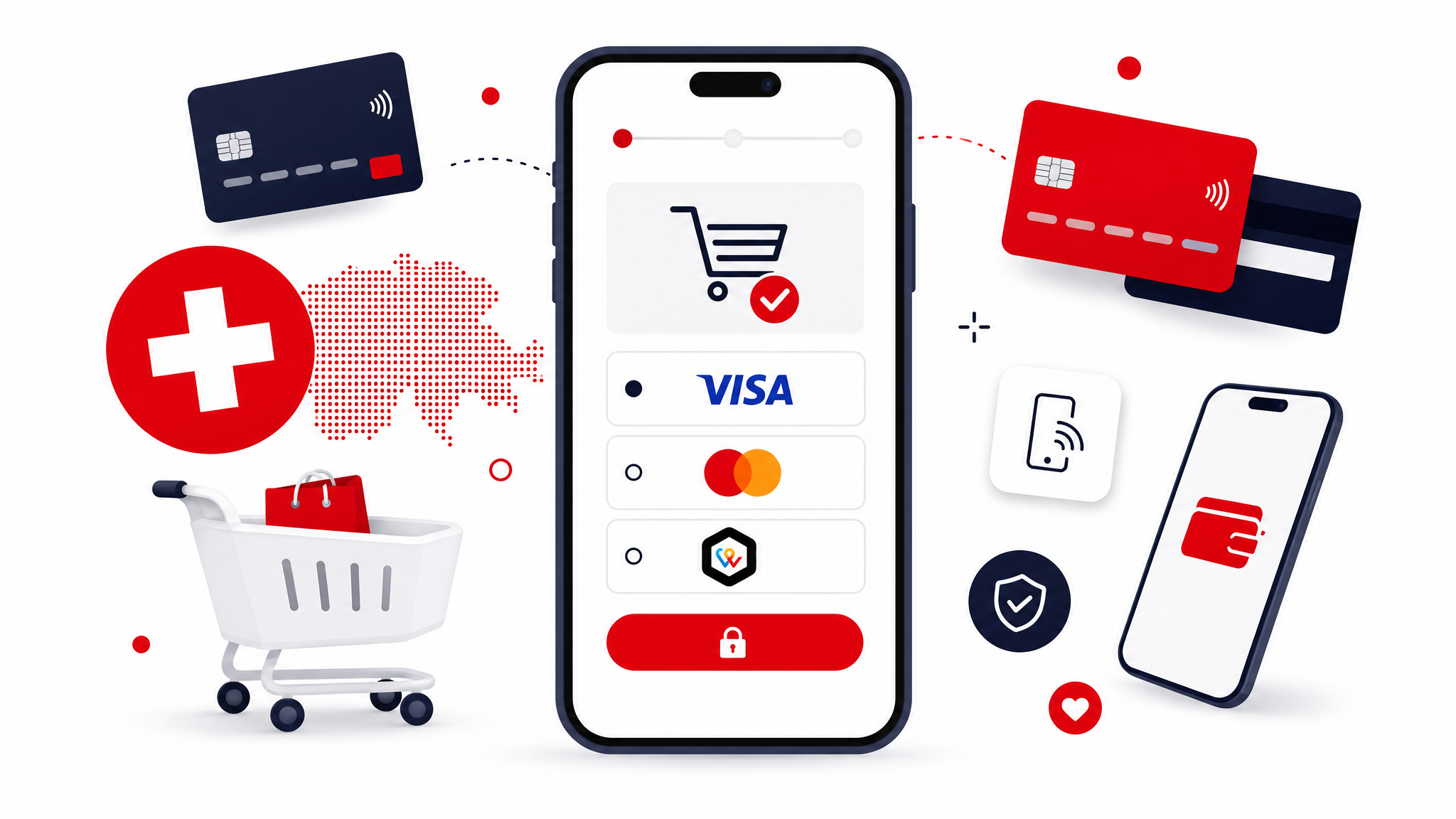 Zahlungsmittel im Schweizer E-Commerce – Kreditkarten, TWINT, Smartphone und Shopping-Symbole