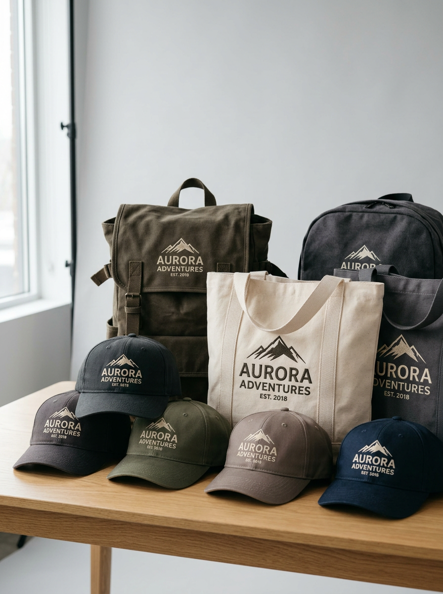 Kollektion gebrandeter Werbeartikel - Caps, Taschen und Rucksaecke mit Firmenlogo fuer Handwerksbetriebe