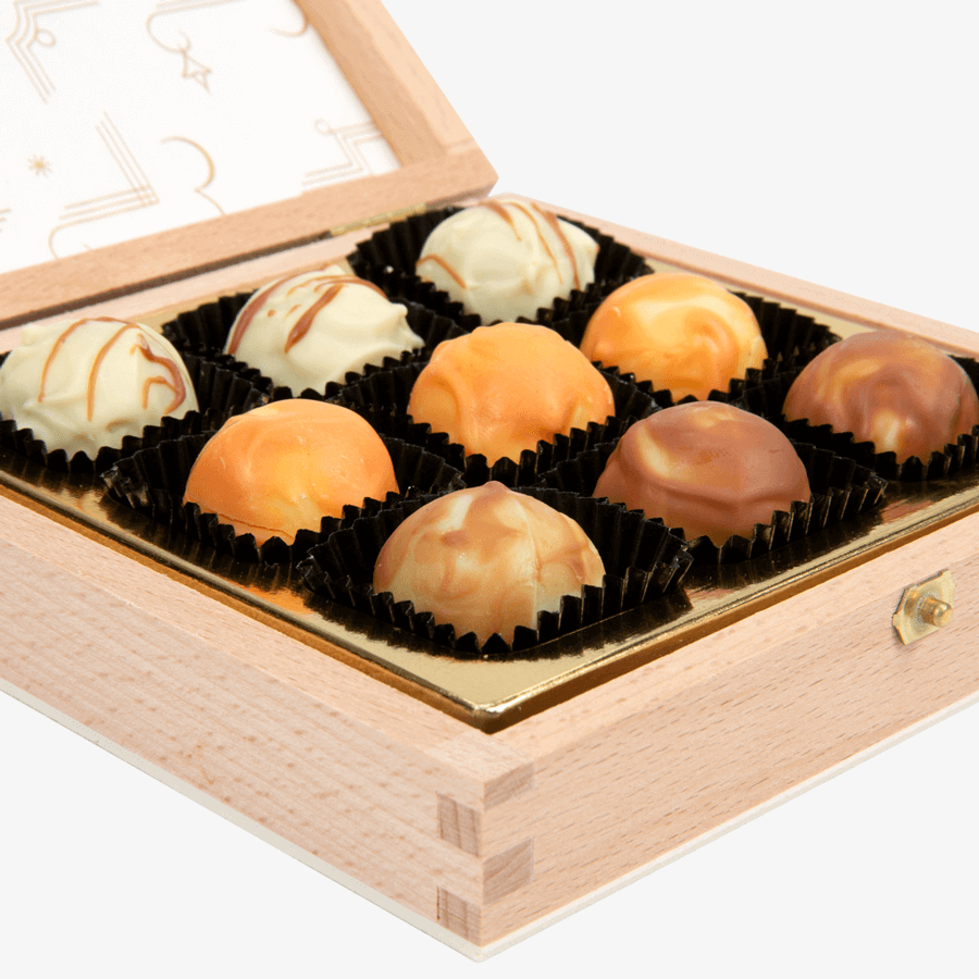 9er-Pralinenbox (alkoholfrei) ca. 100 g, einseitig farbig (bedruckbar)