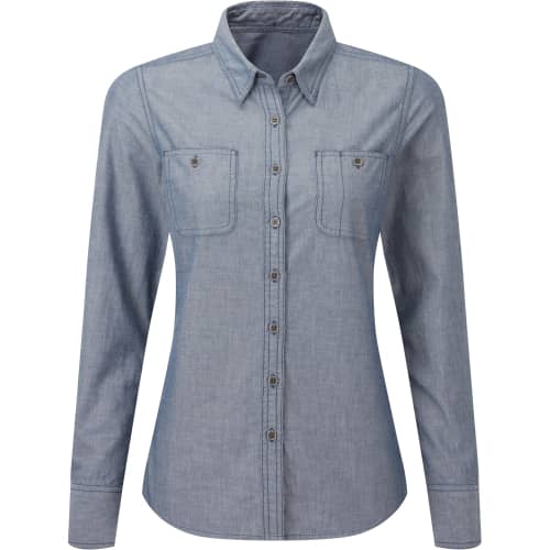 Women`s Organic Chambray Fairtrade Long Sleeve Shirt in Front - bedruckbar und bestickbar