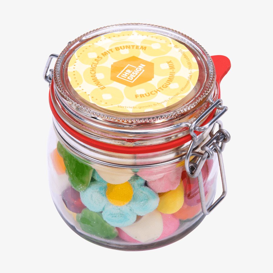 Bunter Fruchtgummi-Mix im 800g Einmachglas, einseitig farbig (bedruckbar)