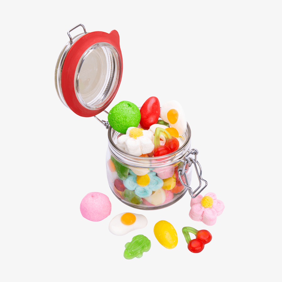 Bunter Fruchtgummi-Mix im 800g Einmachglas, einseitig farbig (bedruckbar) – Beispiel