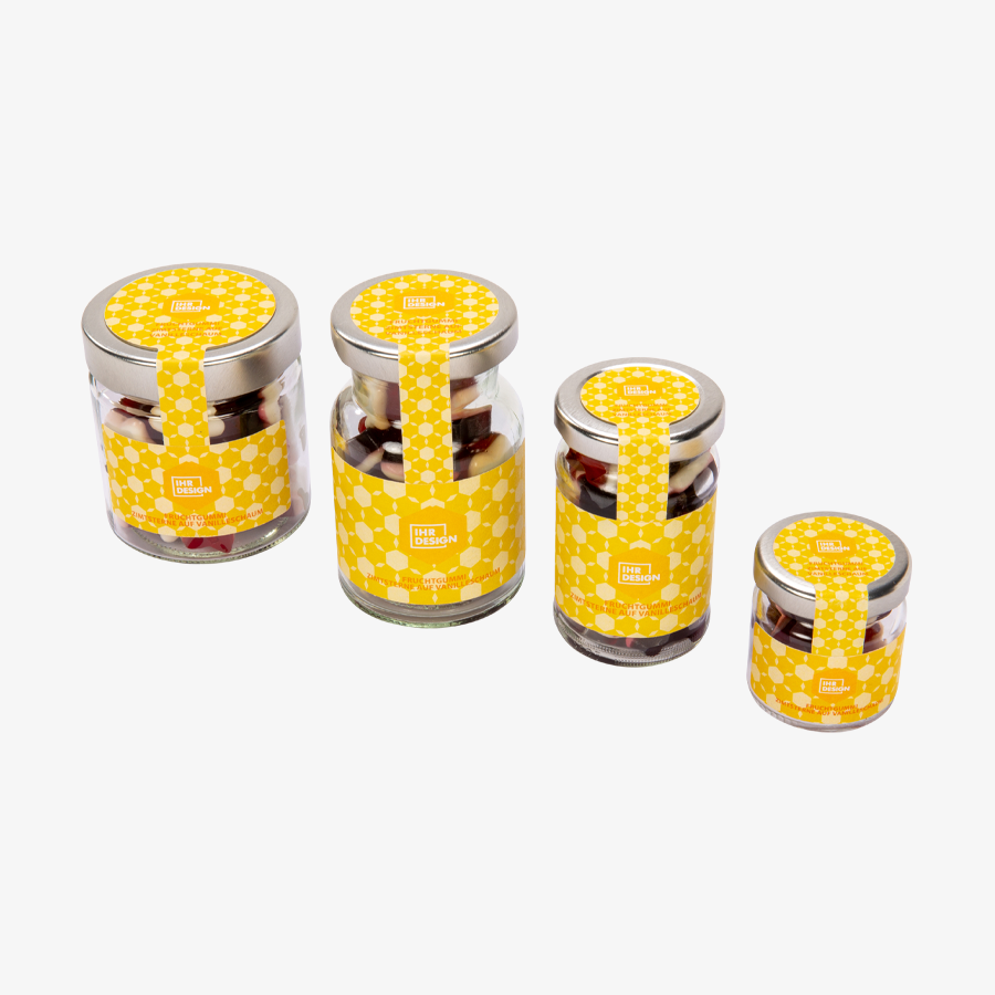 Fruchtgummi Zimtsterne auf Vanilleschaum im 65 g Glas, einseitig farbig (bedruckbar)
