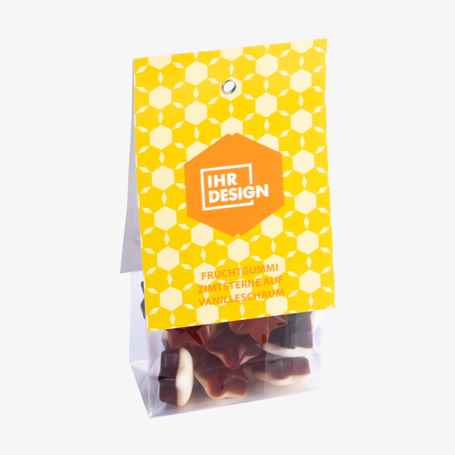 Fruchtgummi Zimtsterne auf Vanilleschaum im 80 g Folienbeutel, beidseitig farbig (bedruckbar)