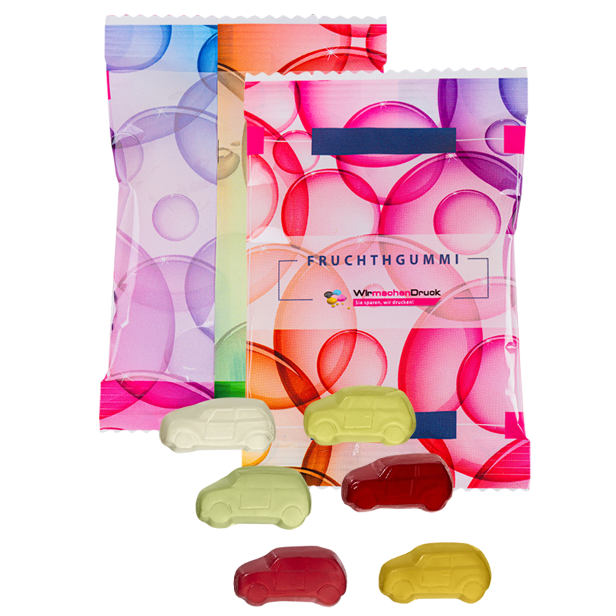 Fruchtgummi-Tütchen 10 g (Form: Autos), beidseitig farbig (bedruckbar)