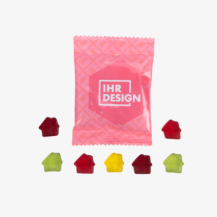 Fruchtgummi-Tütchen 10 g (Form: Haus), beidseitig farbig (bedruckbar)