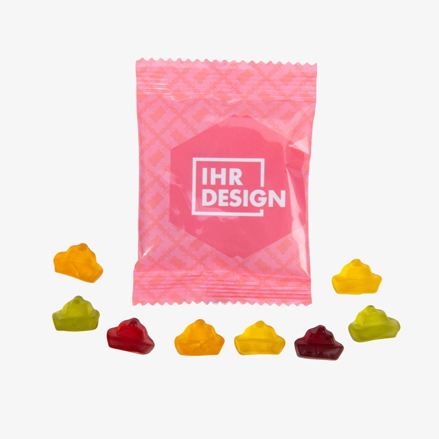 Fruchtgummi-Tütchen 10 g (Form: Schiff), beidseitig farbig (bedruckbar)