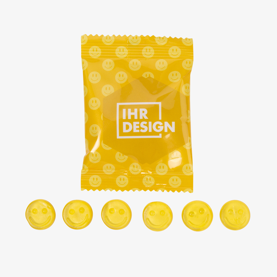 Fruchtgummi-Tütchen 10 g (Form: Smiley), beidseitig farbig (bedruckbar)