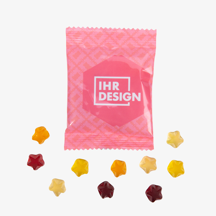 Fruchtgummi-Tütchen 10 g Form Sternchen, einseitig farbig (bedruckbar)