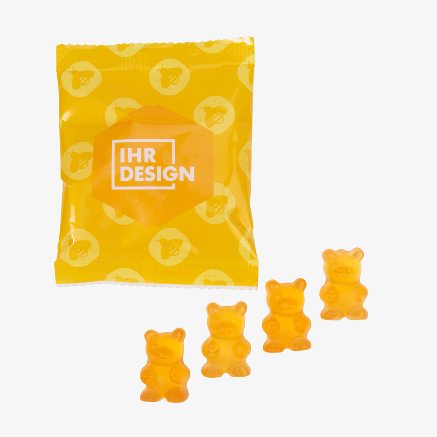 Fruchtgummi-Tütchen 20 g Honig (Form: Bärchen), beidseitig farbig (bedruckbar)
