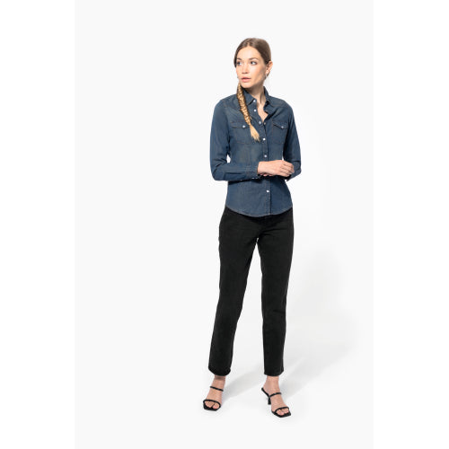 Damen Denim-Hemd langarm in Rueckseite - bedruckbar und bestickbar