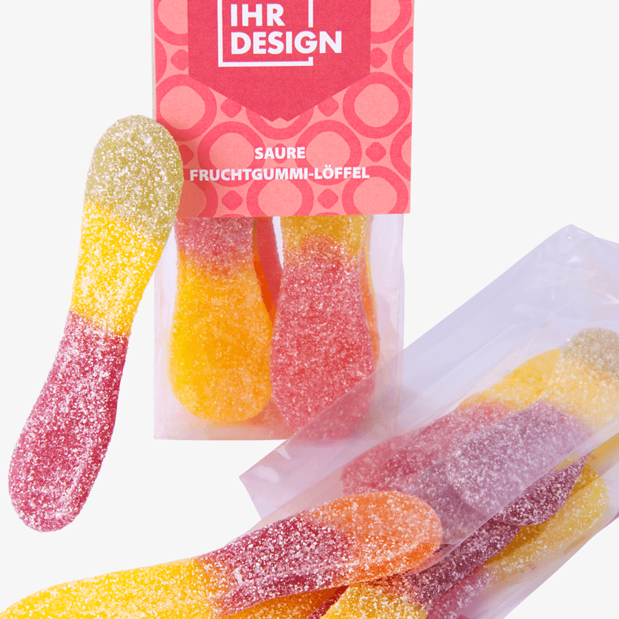 Saure Fruchtgummi-Löffel im 75 g Folienbeutel, beidseitig farbig (bedruckbar)