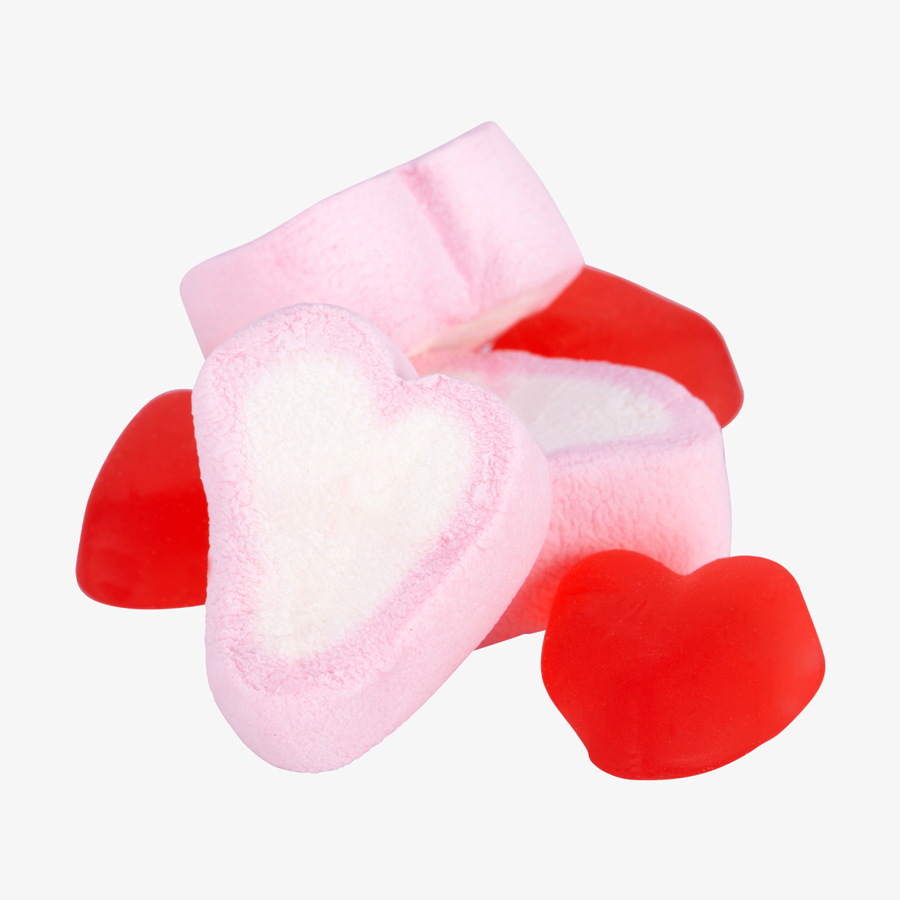 Fruchtgummi- und Schaumzucker-Herzen im 65 g Folienbeutel, beidseitig farbig (bedruckbar)