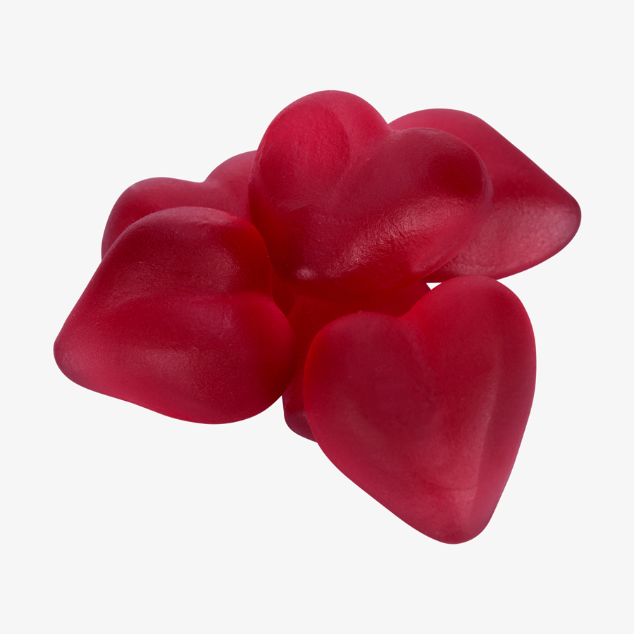 Vegane Fruchtgummi-Herzen im 60 g Folienbeutel, beidseitig farbig (bedruckbar)