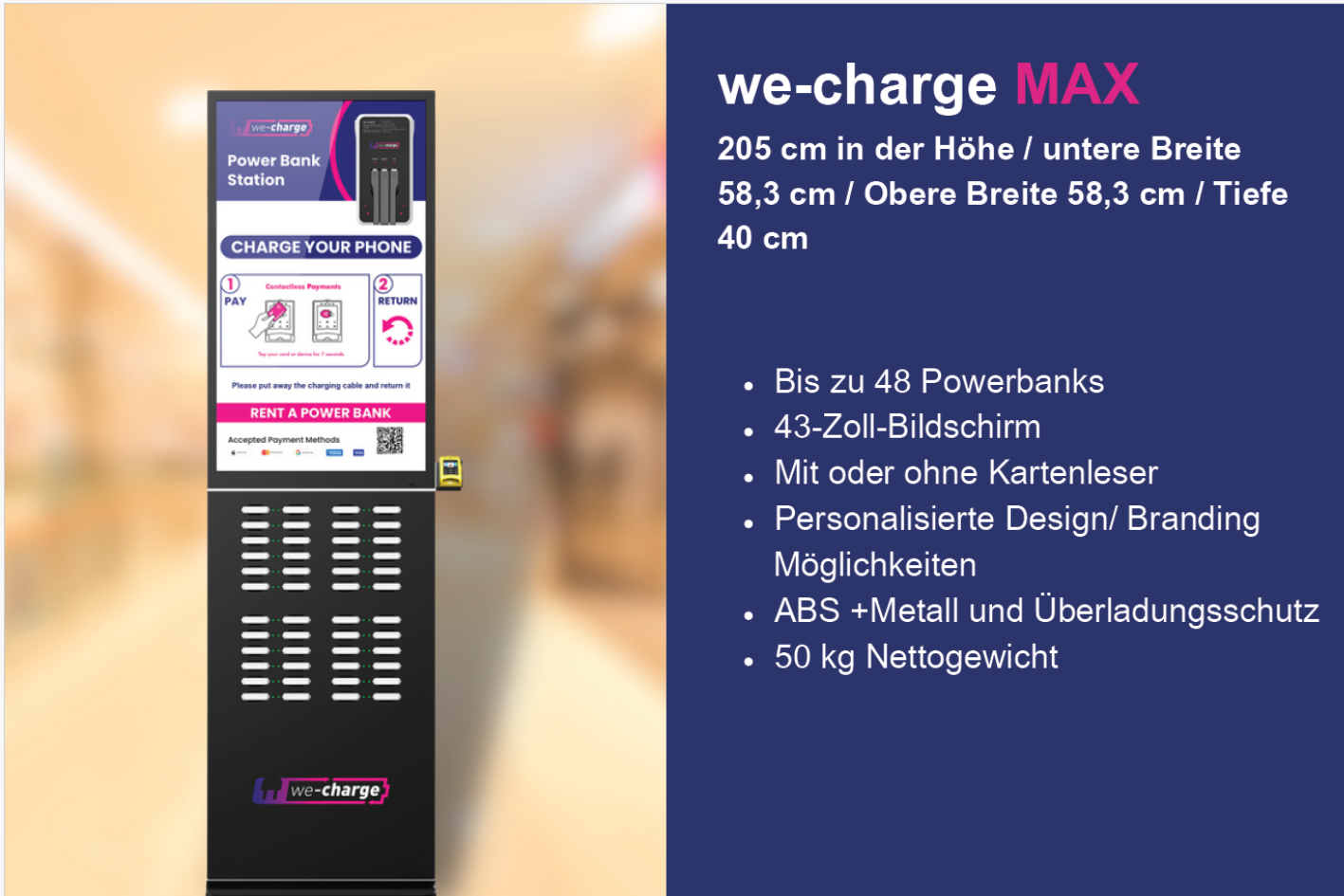 WECHARGE Max – 43 Zoll Digital Signage Grossformat-Werbescreen für Einkaufszentren und öffentliche Gebäude