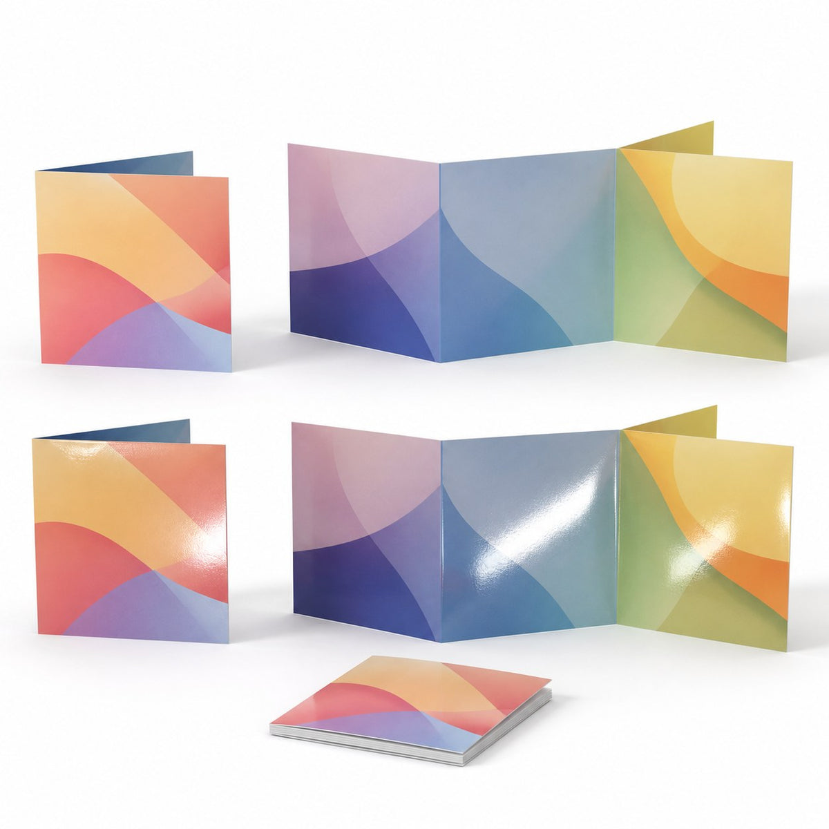 Faltblatt, gefalzt auf Quadrat 9,8 cm x 9,8 cm, horizontaler Wickelfalz, 6-seitig