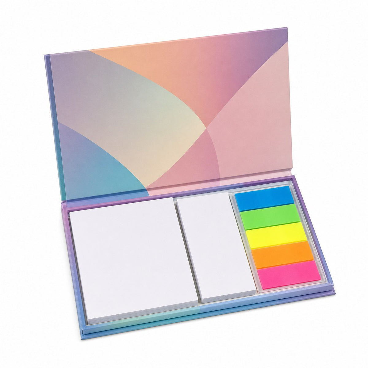Haftnotizen-Set 100 Blatt mit Kunststoffmarkern im bedrucktem Softcover-Kartonumschlag