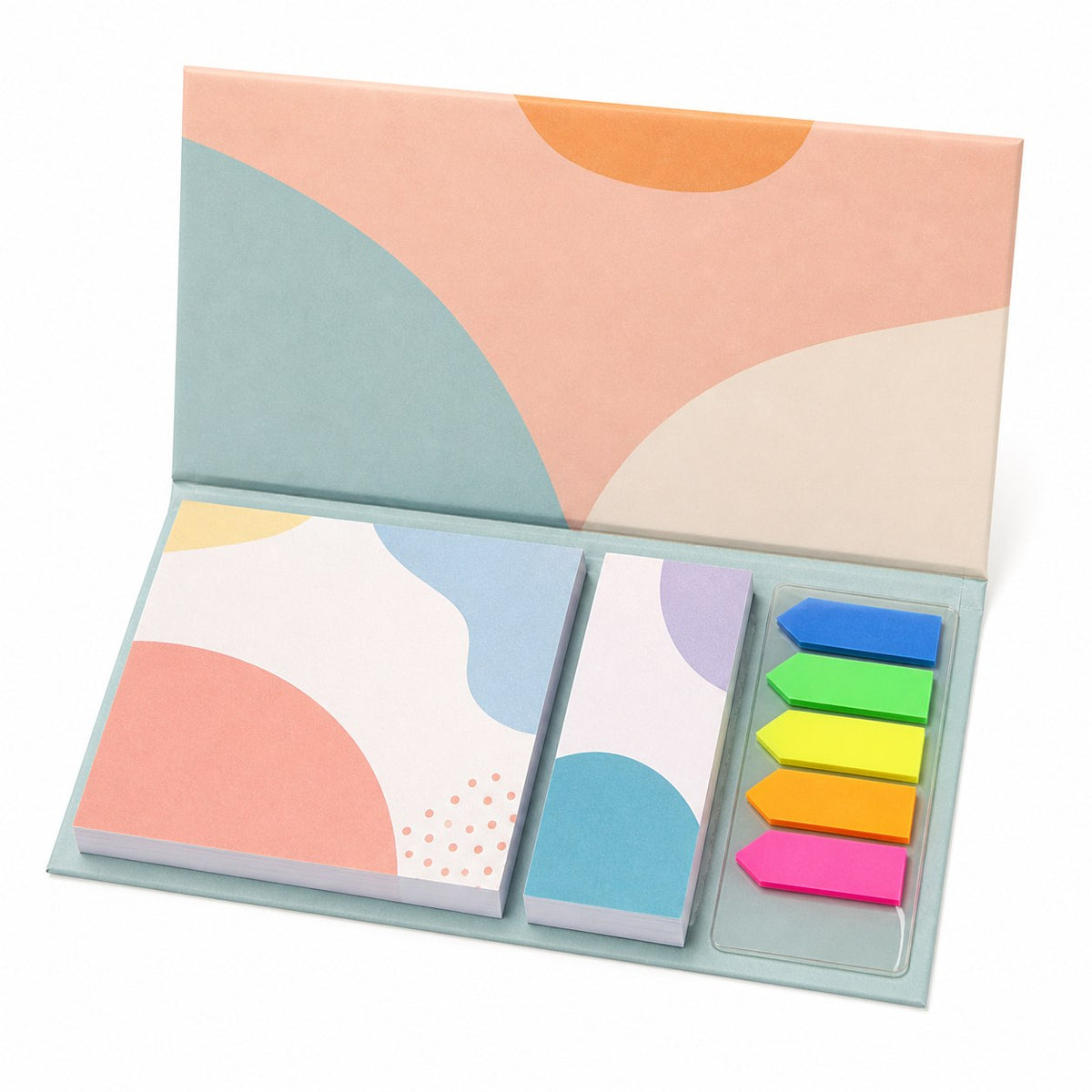 Haftnotizen-Set 100 Blatt mit Kunststoffmarkern und bedrucktem Inhalt und Softcover-Kartonumschlag