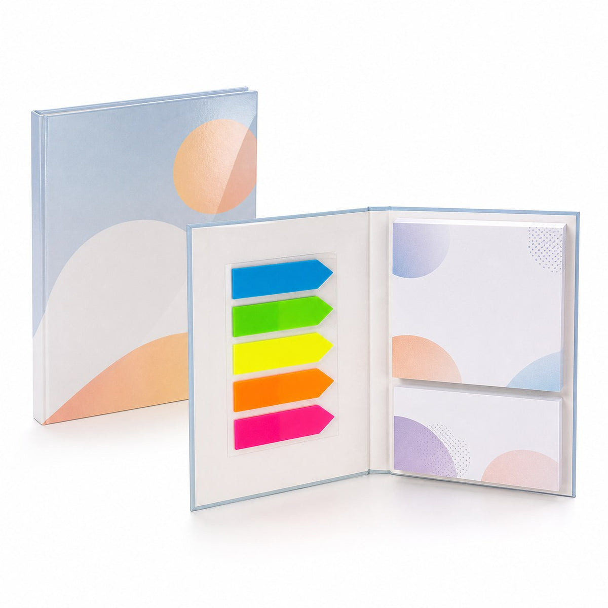 Haftnotizen-Set 100 Blatt mit Kunststoffmarkern und bedrucktem Inhalt im Hardcover-Bucheinband